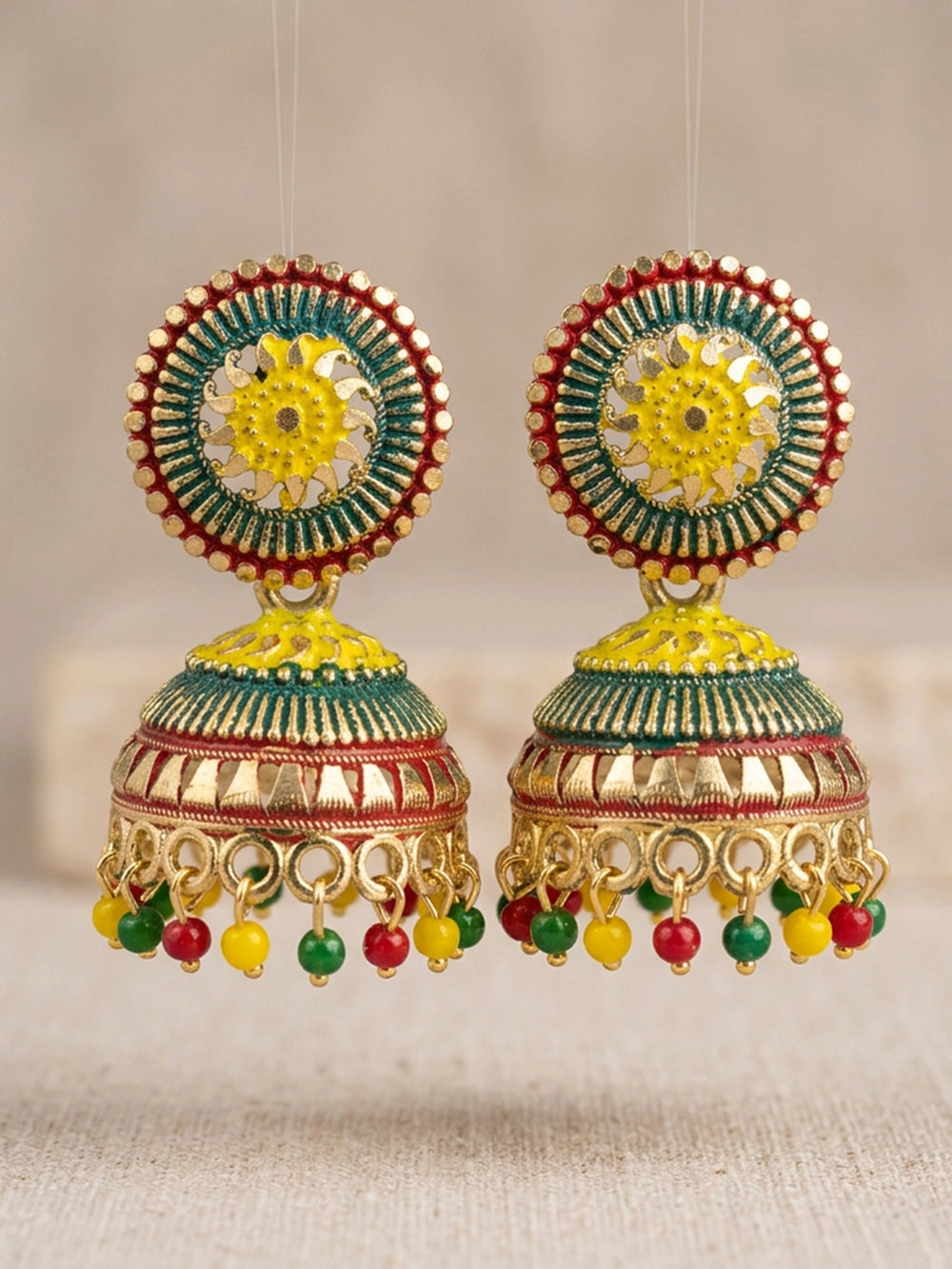 Gold-Tone Multi Color Floral Jhumka Stud Earrings with Bead Drop Danglers for Women - Multi color