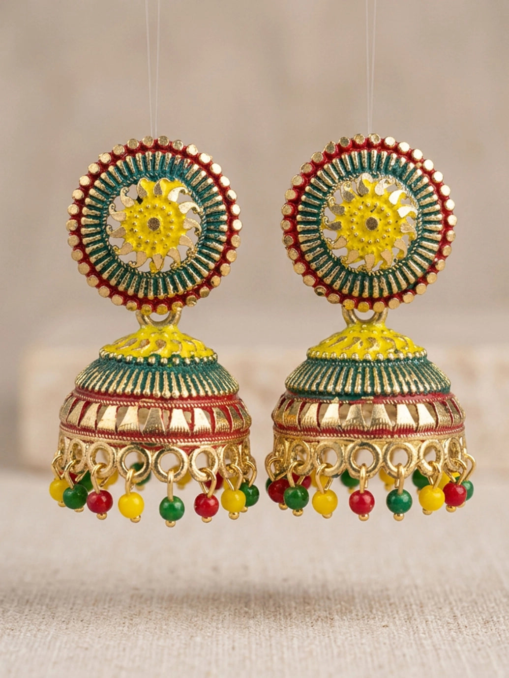 Gold-Tone Multi Color Floral Jhumka Stud Earrings with Bead Drop Danglers for Women - Multi color