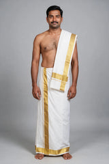 Men’s White Cotton Panchakacham Dhoti with Angavastram Set, Gold Zari Border, Unstitched Traditional Wear