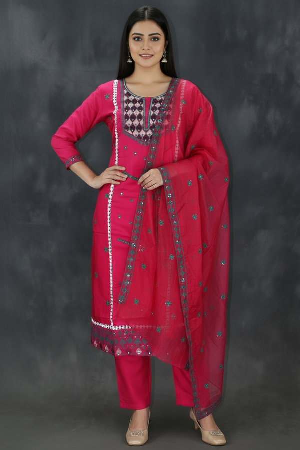 Pink Salwar Kameez – Roman Silk Embroidered 3-Piece