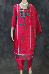 Roman Silk Pink Embroidered 3-Piece Salwar Suit with Organza Dupatta and Elastic Pants Kurti JCS Fashions Pink Large (40)