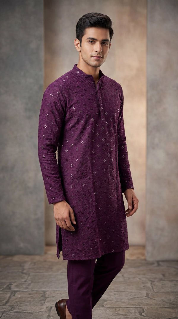 Men’s Purple Lakhnavi Kurta with Sequin Work and Band Collar for Festive Wear - Purple