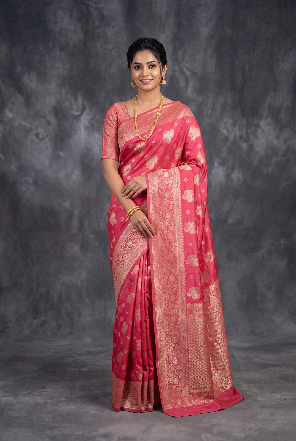 Reddish Pink Marathi Tadka Soft Silk Saree with Rich Pallu and Pure Zari Weaving, Floral Motifs - Reddish Pink