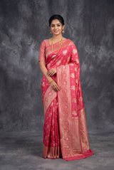 Reddish Pink Marathi Tadka Soft Silk Saree with Rich Pallu and Pure Zari Weaving, Floral Motifs - Reddish Pink