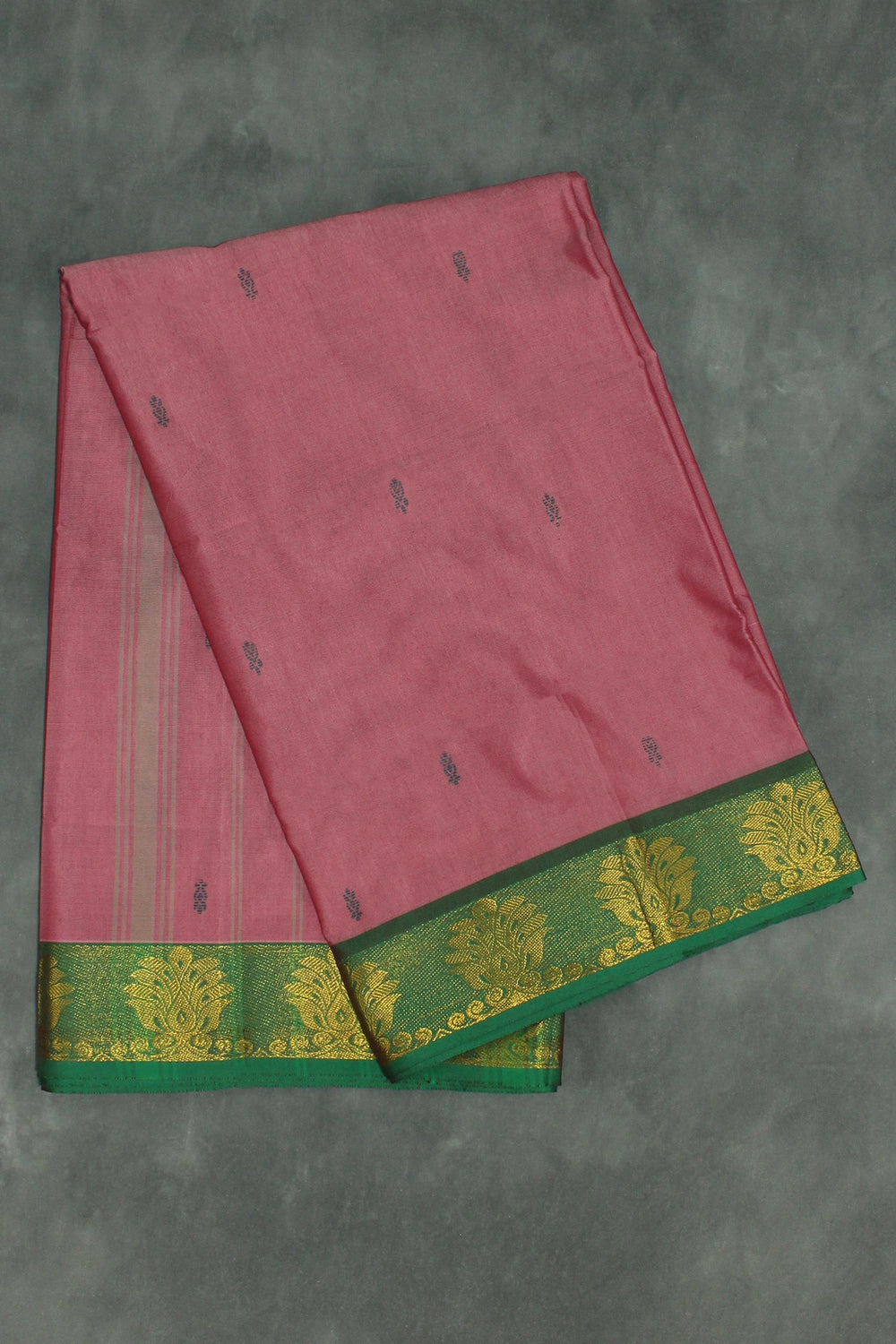 Onion Pink Poly Cotton Saree with Green Zari Border and Butta Motifs Saree JCS Fashions Onion Pink 5.5 meters