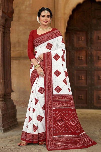 Ajmera Fashion Red Velvet Pure Cotton Printed Saree with Maroon Border, No Blouse Piece (5.5m) - White