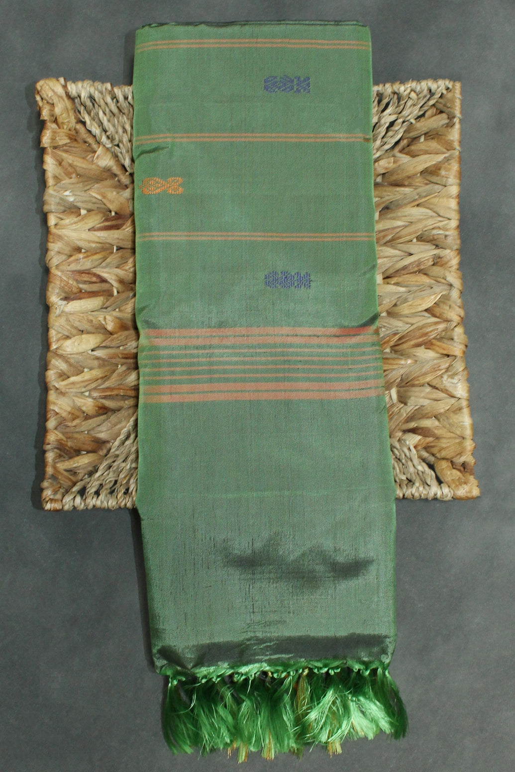 Olive Green Vaazhai Naar (Banana Pith) Saree with Gold-Tone Zari Border, Full-Body Butta and Blouse Piece - Olive Green