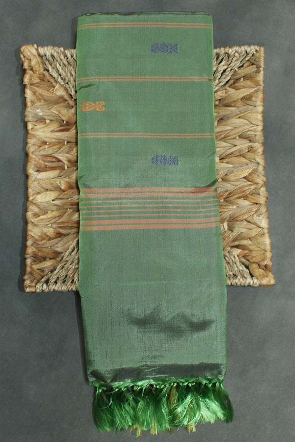 Olive Green Vaazhai Naar (Banana Pith) Saree with Gold-Tone Zari Border, Full-Body Butta and Blouse Piece - Olive Green