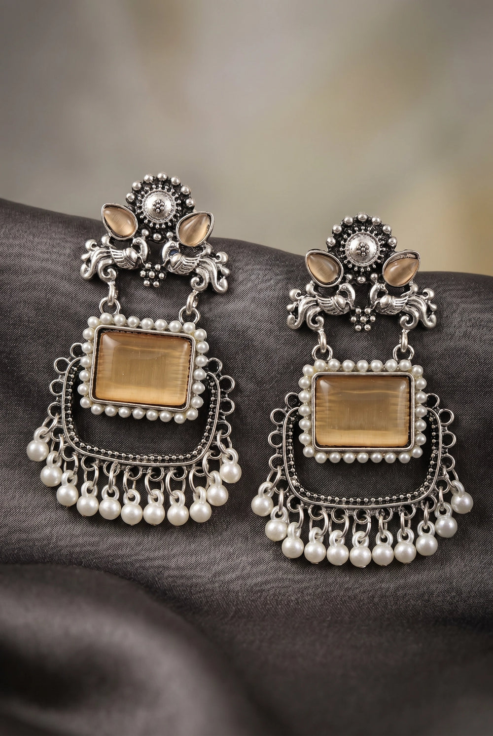 Gold-Tone Teardrop Pearl & Stone Dangle Earrings with Floral Motifs for Traditional Wear - Gold