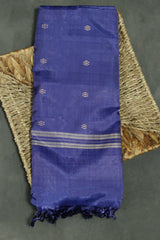 Navy Blue Vaazhai Naar (Banana Pith) Borderless Saree with Small Buttas and Striped Pallu - Navy Blue