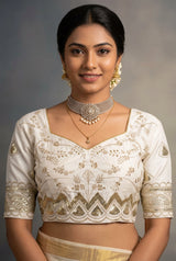 White Designer Padded Blouse with Embroidery & Sequence Work, Elbow Sleeves, Back Knot, Readymade for Saree - White