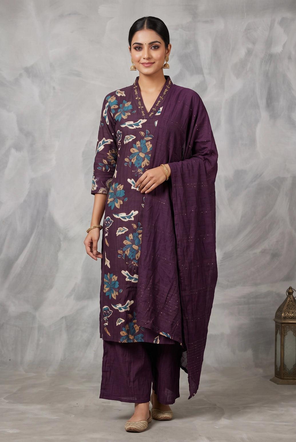 Purple Cotton 3-Piece Kurti Set with Aari & Mirror Work, Elastic Pant and Chiffon Dupatta - Purple