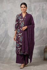 Purple Cotton 3-Piece Kurti Set with Aari & Mirror Work, Elastic Pant and Chiffon Dupatta - Purple