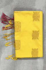 Yellow Korvai Soft Silk Border Saree with Gold Zari Buttas & Traditional Floral Border, with Blouse - Yellow