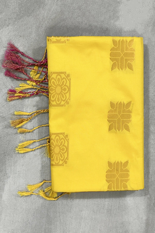 Yellow Korvai Soft Silk Border Saree with Gold Zari Buttas & Traditional Floral Border, with Blouse - Yellow