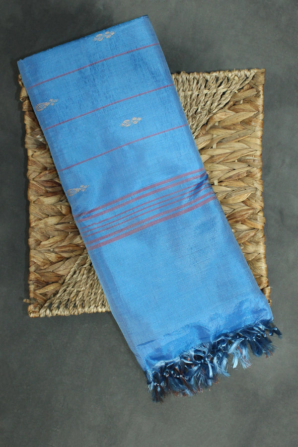 Blue Vaazhai Naar (Banana Pith) Saree with Copper Zari Border and Small Buttas - Dark Brown