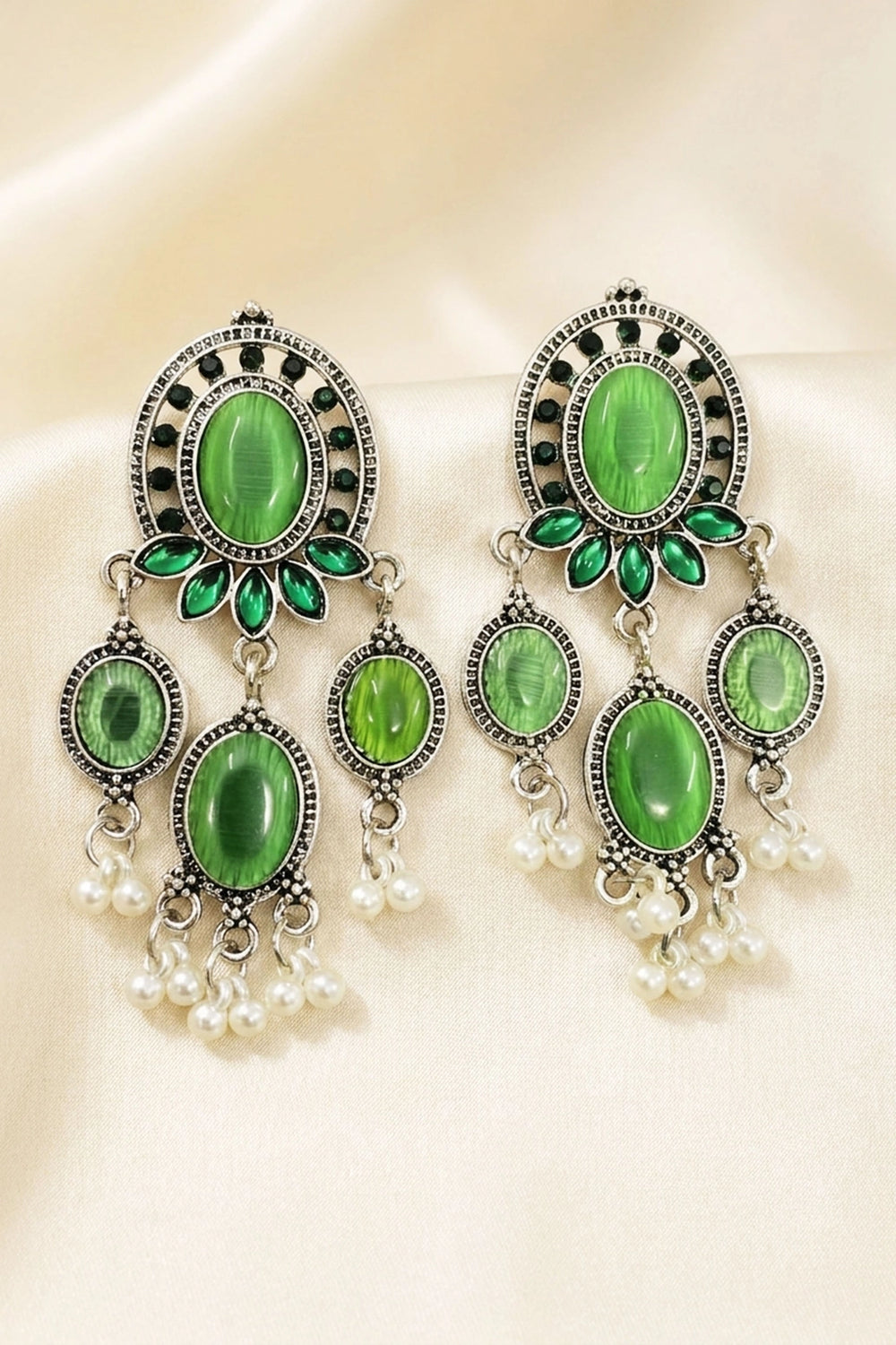 Green Oval Oxidized Silver-Tone Dangle Earrings with Pearl Drops for Traditional Festive Wear - Green