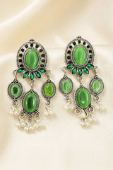 Green Oval Oxidized Silver-Tone Dangle Earrings with Pearl Drops for Traditional Festive Wear - Green