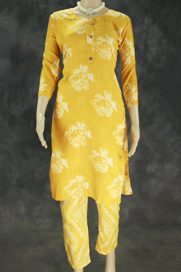 Cotton 2 piece kurta set, Kurti and Pant with Elastic, Cotton fabric, Kurti and Pant comes with beautiful  printed Floral design - Yellow