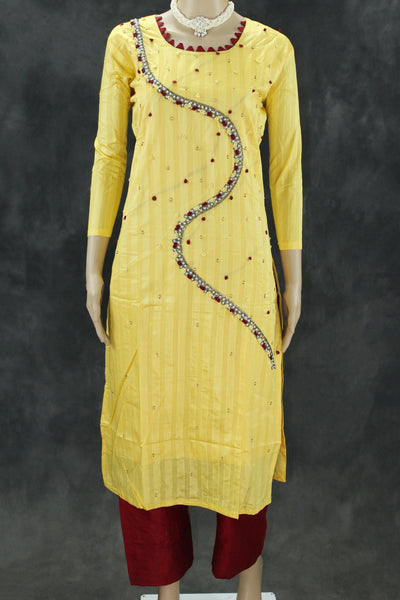 Yellow Silk Cotton Kurti with Elastic Pant Set, Aari and Thread Work with Beads for Women