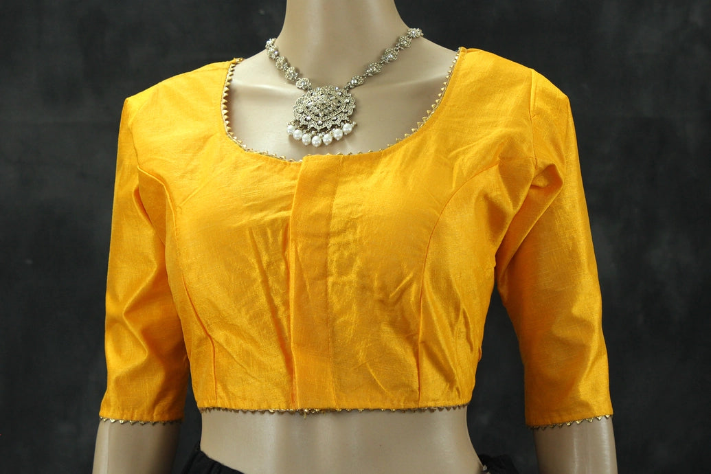 Readymade Padded Yellow Raw Silk Blouse - Elbow Sleeve with Back Knot Blouse JCS Fashions Yellow 36
