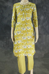 Olive Green Cotton Kurta Set with Pant - Traditional Ethnic Wear - Olive Green
