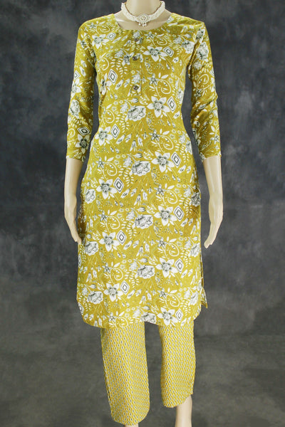 Olive Green Cotton Kurta Set with Pant - Traditional Ethnic Wear - Olive Green