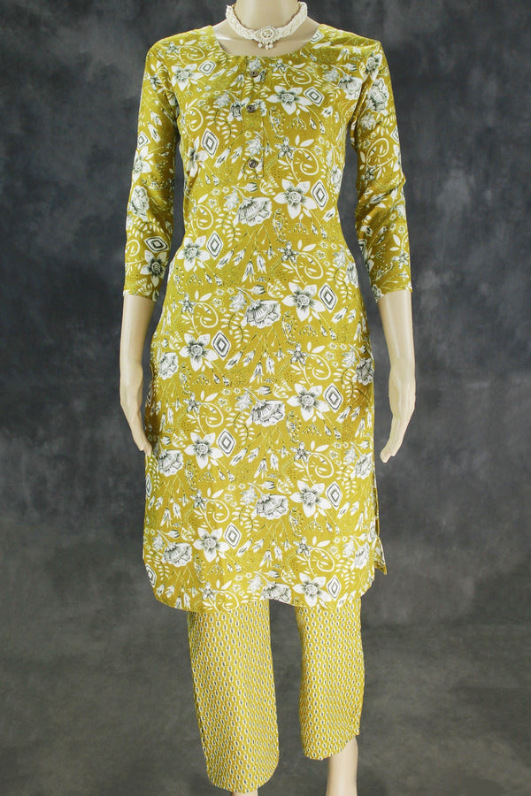 Olive Green Cotton Kurta Set with Pant - Traditional Ethnic Wear - Olive Green