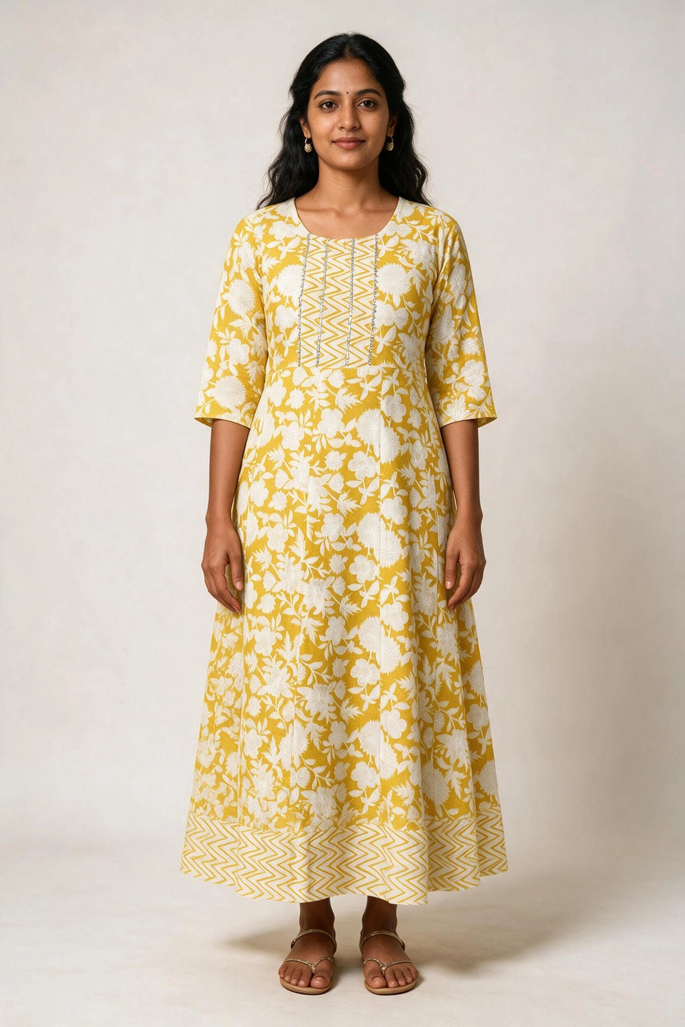 Yellow Cotton Anarkali Kurti with Geometric Floral Print, Golden Piping & Dori Detail - Yellow