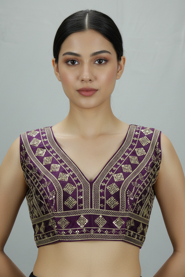 Purple Padded Designer Blouse, Fully Stitched Gold Thread & Sequin Work, Back Knot, Sleeveless Ethnic Top