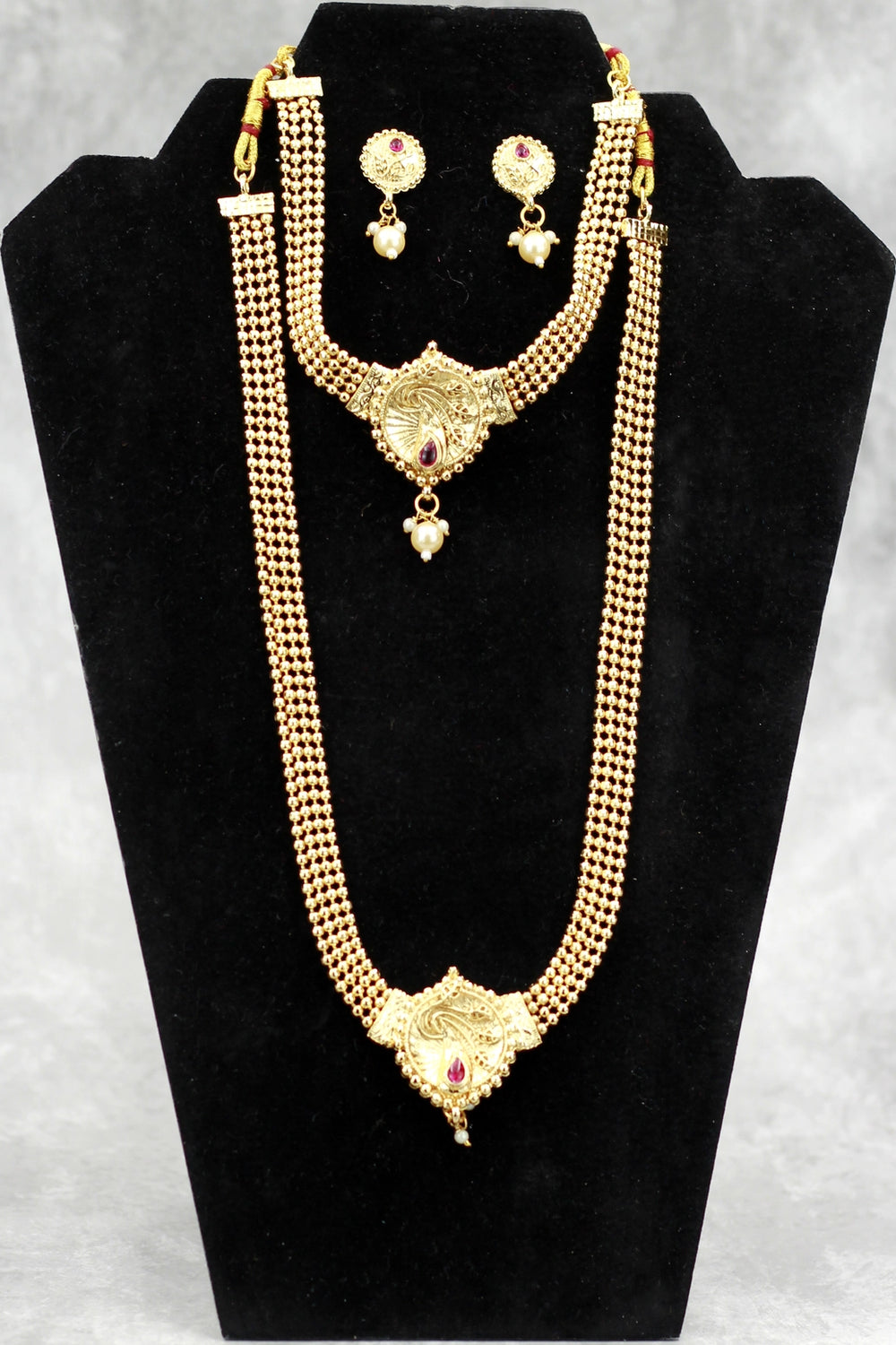 Gold-Tone Peacock Pendant Long & Short Necklace Set with Matching Earrings for Traditional Indian Wear - Gold