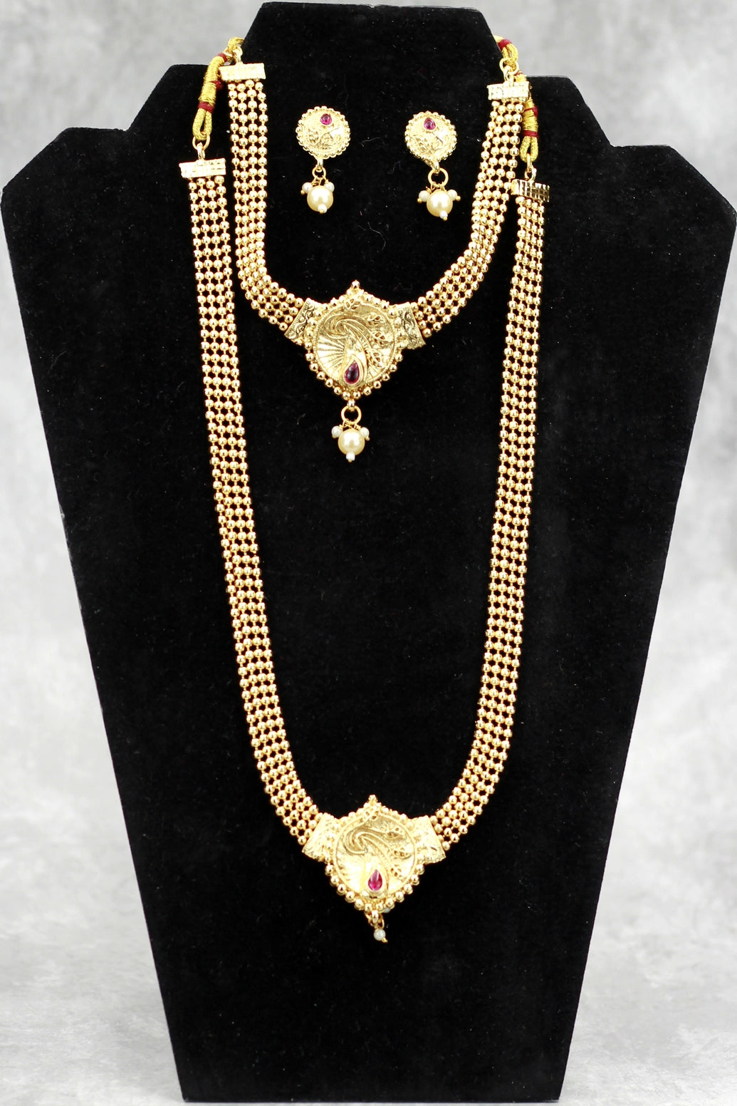 Gold-Tone Peacock Pendant Long & Short Necklace Set with Matching Earrings for Traditional Indian Wear - Gold