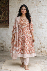 Brown Cotton Floral 3-Piece Kurti Set with Frock Pant & Embroidered Dupatta for Women - Brown