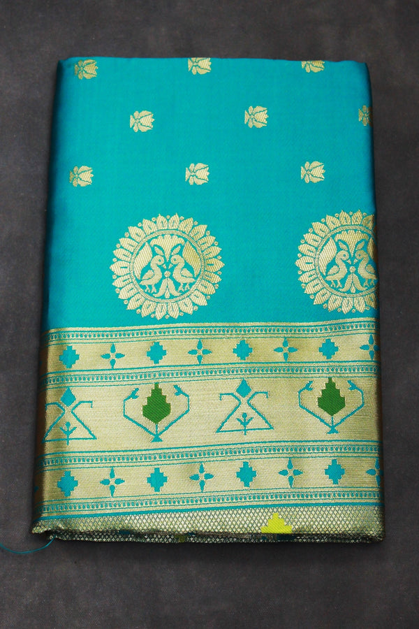 Rama Green Paithani Pure Silk Saree With Peacock Pallu Zari Woven Border Design - Rama Green