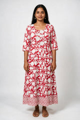 Pink Cotton Anarkali Gown with Geometric & Floral Print, Golden Piping and Dori Detail for Women - Pink
