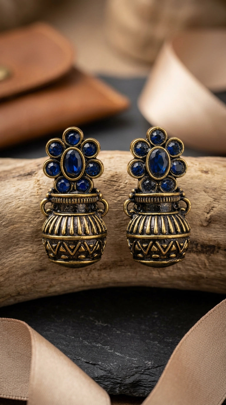 Navy Blue Antique Gold-Tone Floral Jhumka Earrings with Champagne Crystal Stones for Traditional Festive Wear - Navy Blue