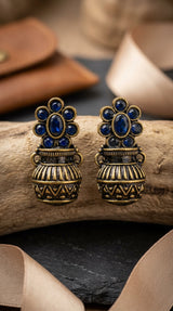 Navy Blue Antique Gold-Tone Floral Jhumka Earrings with Champagne Crystal Stones for Traditional Festive Wear - Navy Blue