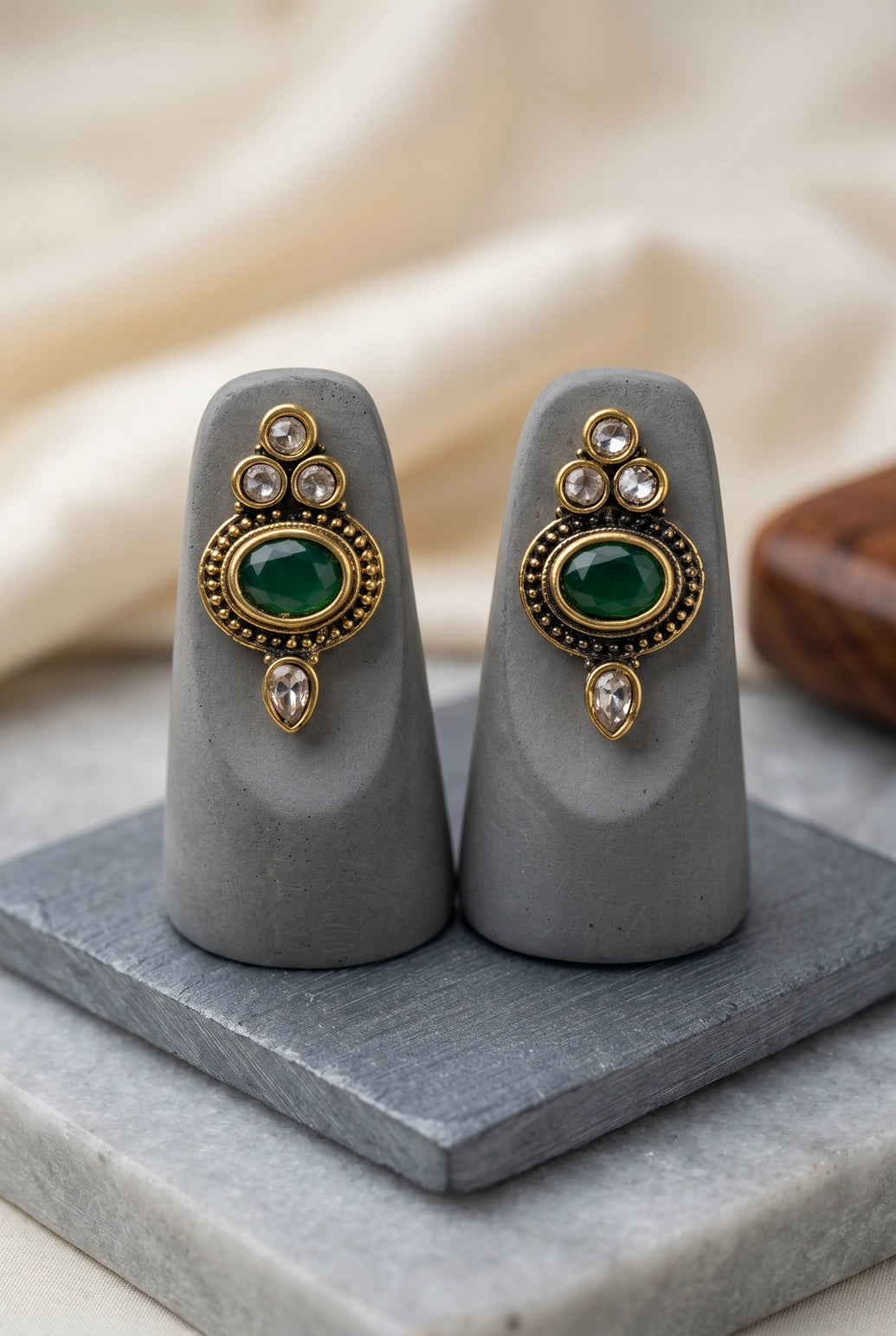 Green Oval Stud Earrings with Antique Gold-Tone Beaded Detailing, Traditional Ethnic Wear for Women - Green