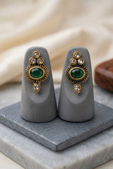 Green Oval Stud Earrings with Antique Gold-Tone Beaded Detailing, Traditional Ethnic Wear for Women - Green