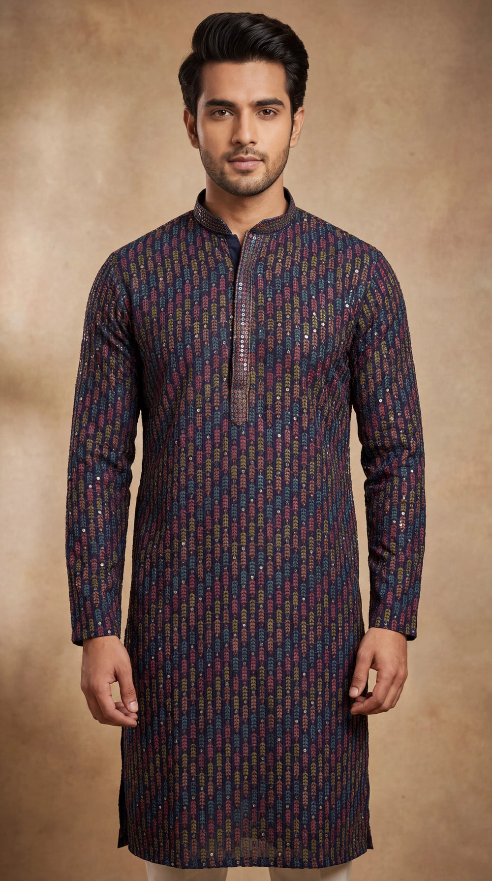 Men’s Navy Blue Cotton Kurta with Multicolor Leaf Embroidery & Gold Sequin Work (Paretik-style) - Navy Blue