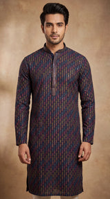 Men’s Navy Blue Cotton Kurta with Multicolor Leaf Embroidery & Gold Sequin Work (Paretik-style) - Navy Blue