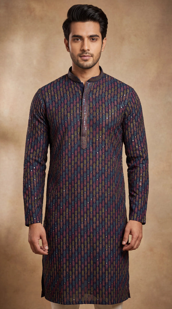 Men’s Navy Blue Cotton Kurta with Multicolor Leaf Embroidery & Gold Sequin Work (Paretik-style) - Navy Blue