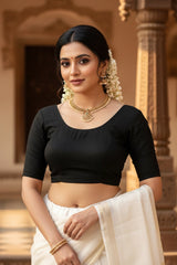 Black Plain Stretchable Readymade Designer Blouse with Elbow-Length Sleeves and Back Crisscross Straps - Black
