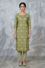 Olive Green Rayon 2-Piece Kurti Set with Elastic Pant, Geometric Foil Print, Round Neck, 3/4 Sleeves - Olive Green
