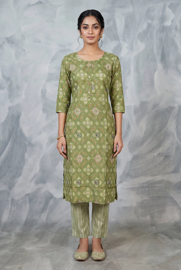 Olive Green Rayon 2-Piece Kurti Set with Elastic Pant, Geometric Foil Print, Round Neck, 3/4 Sleeves - Olive Green