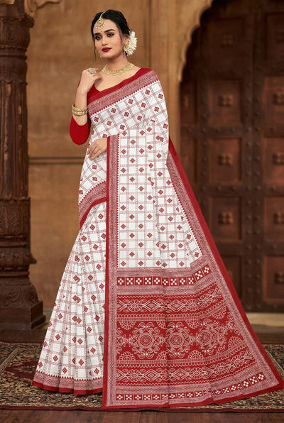 Red Velvet Printed Pure Cotton Saree with Border, White Base, Saree Only (Blouse Not Included), Ajmera Fashion - White