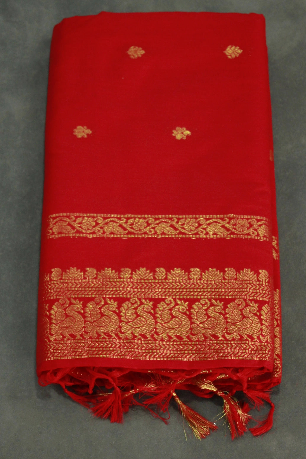 Tomato Red Kalyani Cotton Saree with Putta Design and Zari Border Saree with Blouse - Tomato red