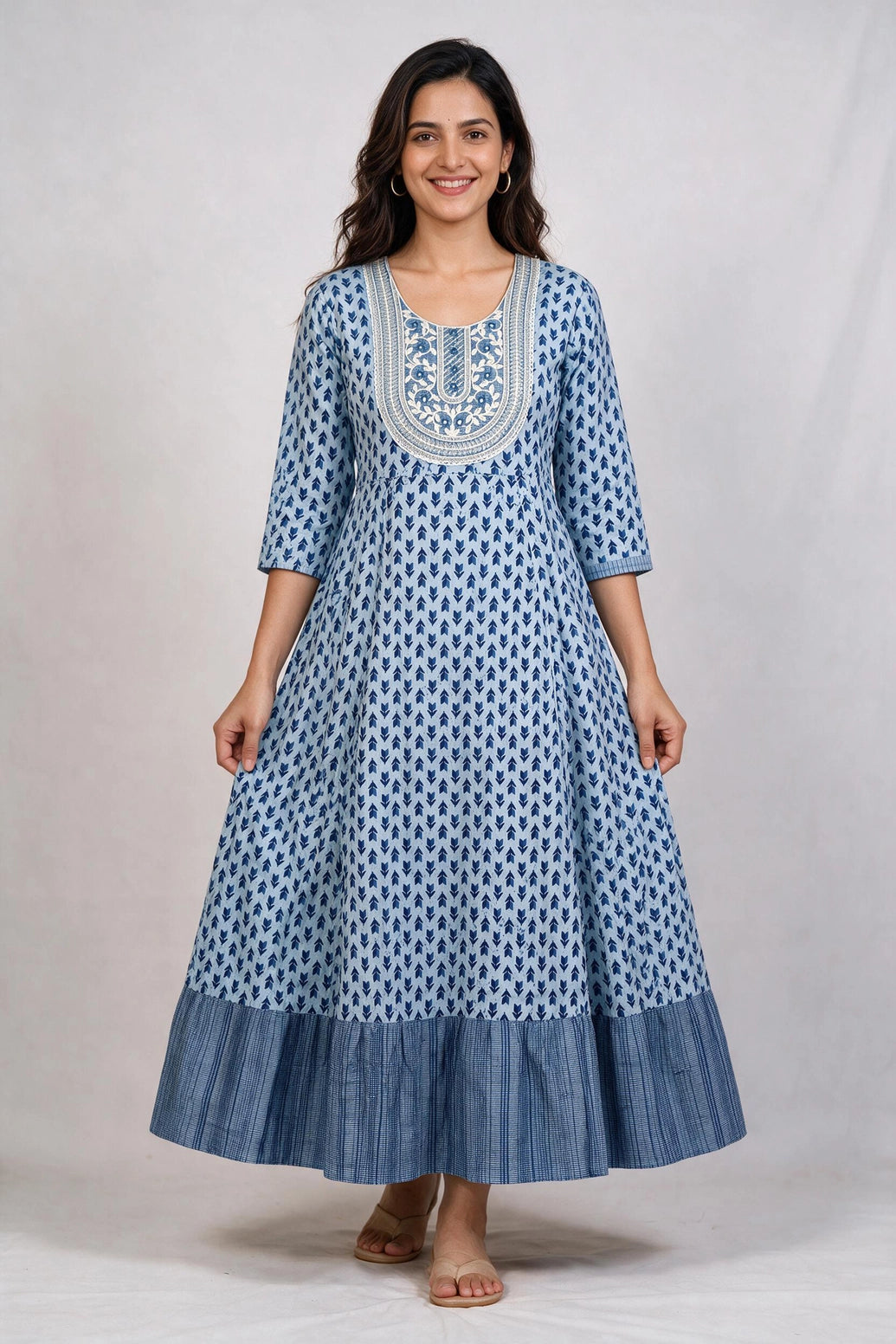 Light Blue Cotton Anarkali Kurti with Floral Print, Round Neck and Thread-Mirror Work - Light Blue