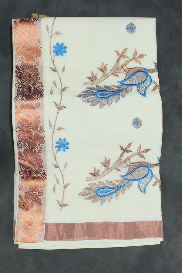 Pure Kerala Cotton White Saree with Copper Zari Peacock Embroidery - White