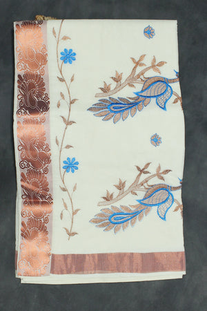 Pure Kerala Cotton Saree - White with Copper Zari Peacock & Floral Machine Embroidery, Blouse Piece Included